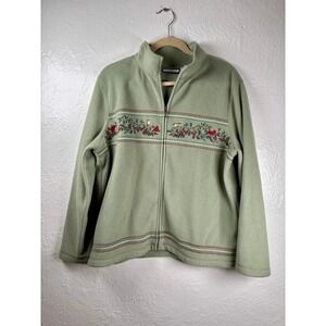Womens Large Sage Green Fleece‎ Jacket Embroidered Birds Cottagecore Grannycore